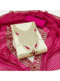 Zeepkart - Cream Chanderi Cotton Embroidered Unstitched Dress Material (Set of 3)