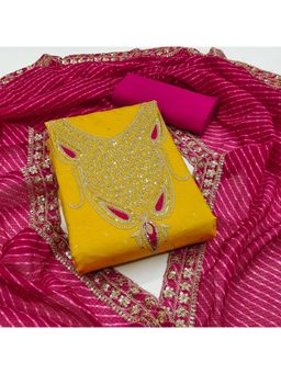 Zeepkart - Rani Pink Chanderi Cotton Embroidered Unstitched Dress Material (Set of 3)