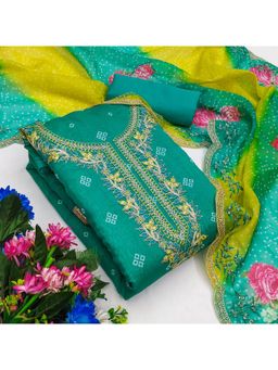 Zeepkart - Teal Chanderi Cotton Embroidered Unstitched Dress Material (Set of 3)