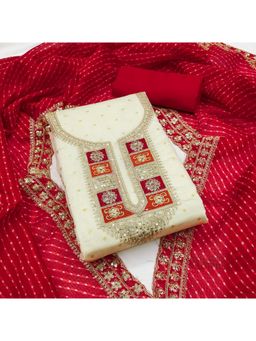 Zeepkart - Red Chanderi Cotton Embroidered Unstitched Dress Material (Set of 3)