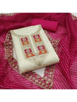 Zeepkart - Rani Pink Chanderi Cotton Embroidered Unstitched Dress Material (Set of 3)