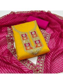 Zeepkart - Rani Pink Chanderi Cotton Embroidered Unstitched Dress Material (Set of 3)
