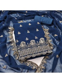 Zeepkart - Teal Georgette Embroidered Unstitched Dress Material (Set of 3)