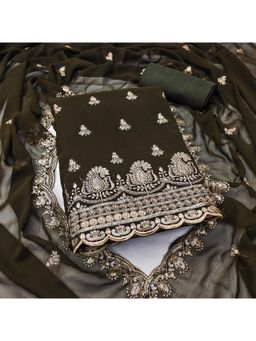 Zeepkart - Olive Georgette Embroidered Unstitched Dress Material (Set of 3)