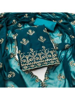 Zeepkart - Teal Georgette Embroidered Unstitched Dress Material (Set of 3)