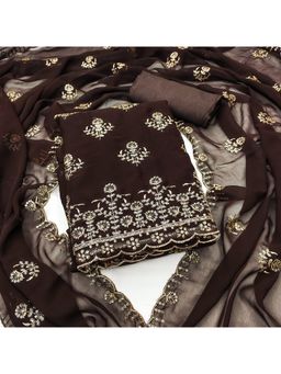 Zeepkart - Brown Georgette Embroidered Unstitched Dress Material (Set of 3)