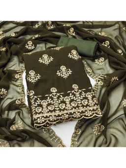 Zeepkart - Olive Georgette Embroidered Unstitched Dress Material (Set of 3)