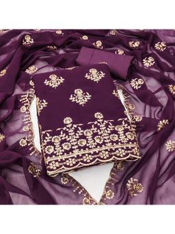 Zeepkart - Purple Georgette Embroidered Unstitched Dress Material (Set of 3)