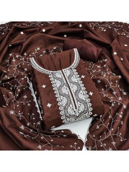 Zeepkart - Brown Cotton Embroidered Unstitched Dress Material (Set of 3)