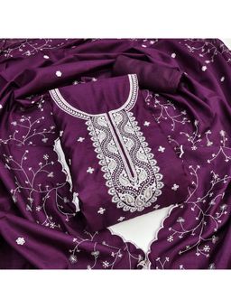 Zeepkart - Purple Cotton Embroidered Unstitched Dress Material (Set of 3)