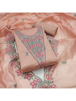 Zeepkart - Peach Chanderi Cotton Embroidered Unstitched Dress Material (Set of 3)
