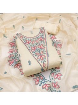 Zeepkart - Cream Chanderi Cotton Embroidered Unstitched Dress Material (Set of 3)