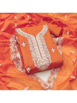 Zeepkart - Orange Chanderi Cotton Embroidered Unstitched Dress Material (Set of 3)