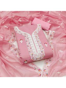 Zeepkart - Peach Chanderi Cotton Embroidered Unstitched Dress Material (Set of 3)