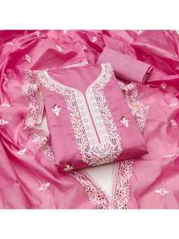 Zeepkart - Pink Chanderi Cotton Embroidered Unstitched Dress Material (Set of 3)