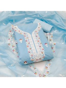 Zeepkart - Sky Blue Chanderi Cotton Embroidered Unstitched Dress Material (Set of 3)