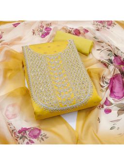 Zeepkart - Yellow Chanderi Cotton Embroidered Unstitched Dress Material (Set of 3)