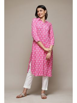 Biba - Pink Rayon Straight Printed Kurta
