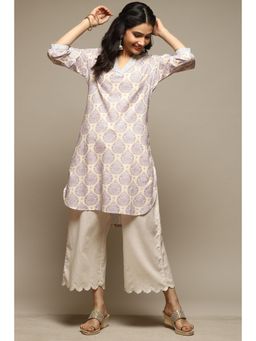 Biba - Off White Cotton Straight Printed Kurta