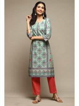 Biba - Green Cotton Straight Printed Kurta
