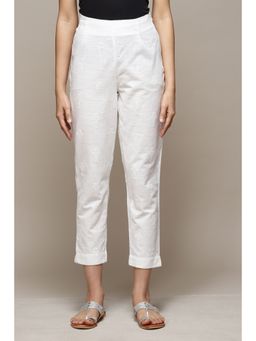 Biba - Off White Cotton Embroidered Narrow Pant