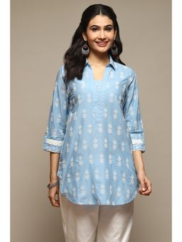 Biba - Ice Blue Cotton Embroidered Kurti