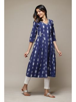 Biba - Navy Cotton Ikat Straight Yarndyed Kurta