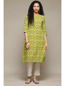 Biba - Olive Cotton Ikat Straight Yarndyed Kurta