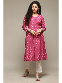 Biba - Pink Cotton Ikat Flared Yarndyed Kurta