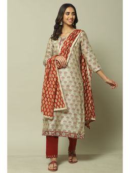 Biba - Red Chanderi Hand Block Print Unstitched Suit (Set of 3)