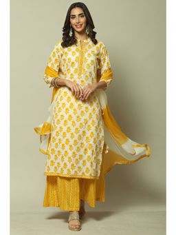 Biba - Yellow Cotton Hand Block Print Unstitched Suit (Set of 3)
