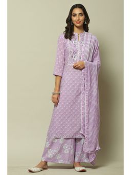Biba - Purple Cotton Hand Block Print Unstitched Suit (Set of 3)