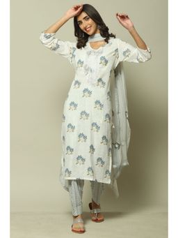 Biba - Off White Cotton Hand Block Print Unstitched Suit (Set of 3)