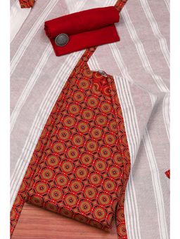 Biba - Red Cotton Hand Block Print Unstitched Suit (Set of 3)