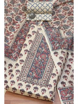 Biba - Off White Cotton Hand Block Print Unstitched Suit (Set of 3)