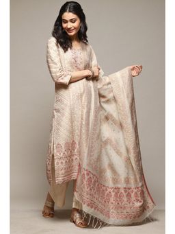 Biba - Beige Cotton Blend Straight Kurta Suit (Set of 3)