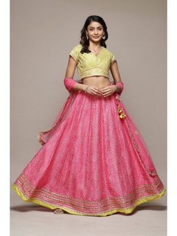 Biba - Fuchsia & Lime Green Cotton Blend Lehenga Set (Set of 3)