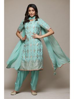 Biba - Turquoise Silk Straight Kurta Salwar Suit (Set of 3)