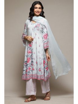 Biba - Steel Blue Rayon Straight Kurta Palazzo Suit (Set of 3)