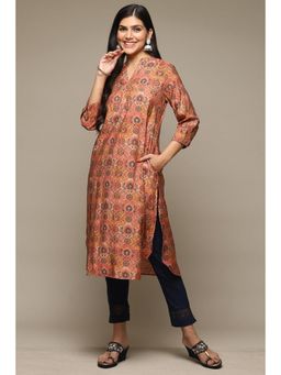 Biba - Peach Viscose Blend Straight Printed Kurta