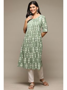 Biba - Khaki Green Cotton Ikat Straight Yarndyed Kurta
