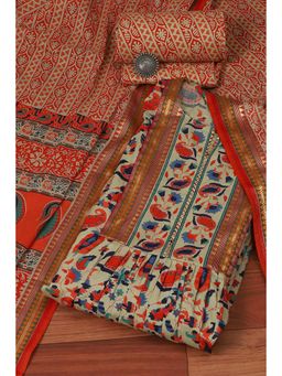 Biba - Red Cotton Hand Block Print Unstitched Suit (Set of 3)