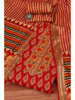Biba - Red Cotton Hand Block Print Unstitched Suit (Set of 3)