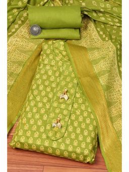 Biba - Green Cotton Hand Block Print Unstitched Suit (Set of 3)