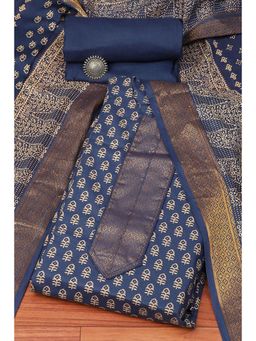 Biba - Blue Cotton Hand Block Print Unstitched Suit (Set of 3)