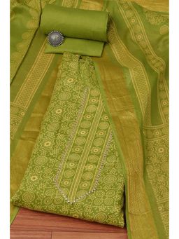 Biba - Green Cotton Hand Block Print Unstitched Suit (Set of 3)