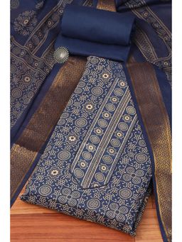Biba - Blue Cotton Hand Block Print Unstitched Suit (Set of 3)