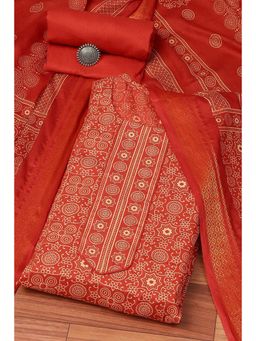 Biba - Red Cotton Hand Block Print Unstitched Suit (Set of 3)