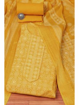 Biba - Yellow Cotton Hand Block Print Unstitched Suit (Set of 3)