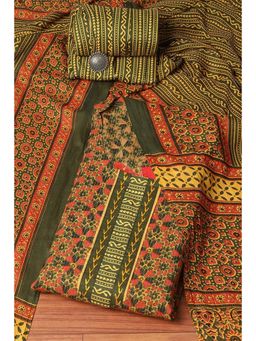 Biba - Green Cotton Hand Block Print Unstitched Suit (Set of 3)